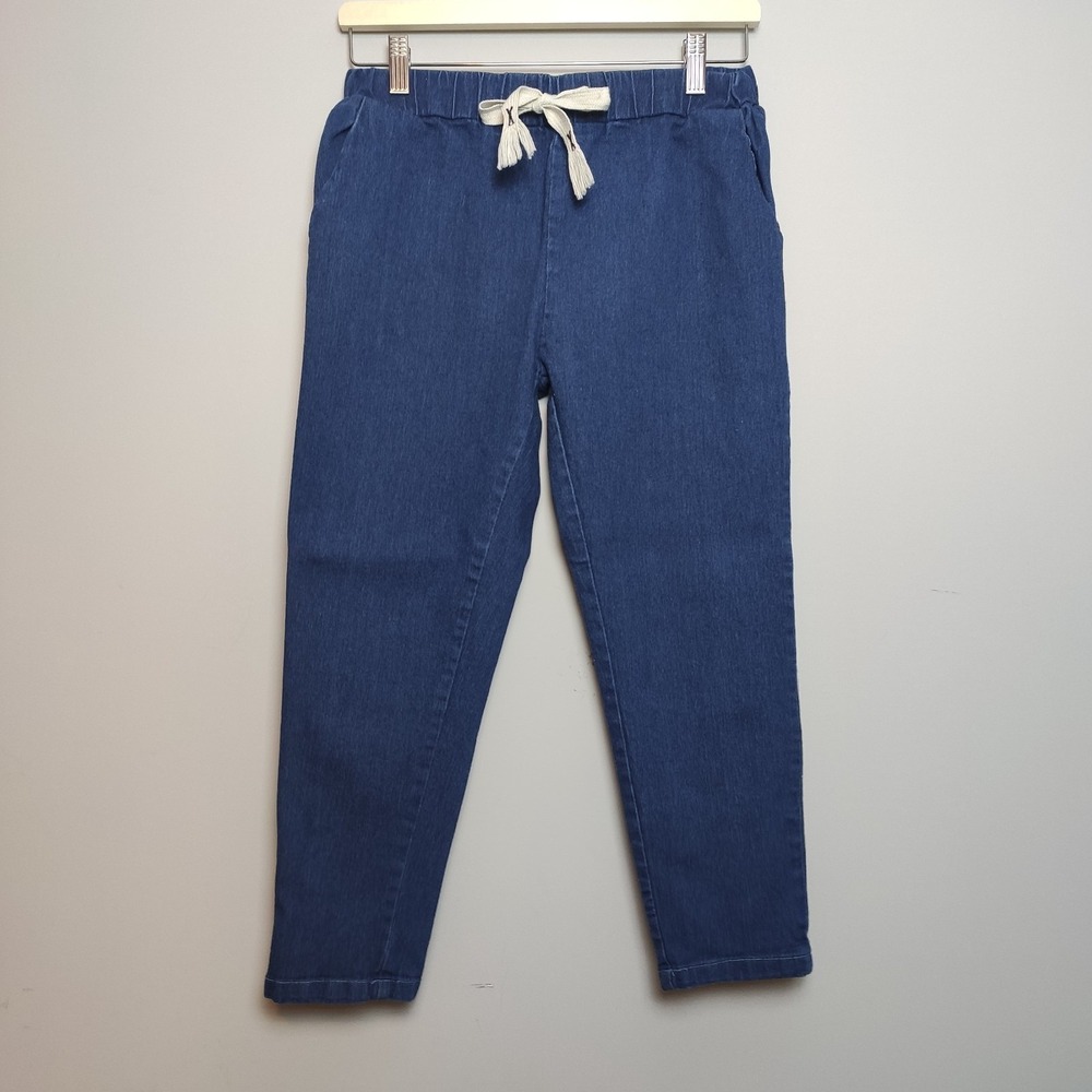 Denim Joggers Elastic Waist Drawstring Blue Cropped Pants Size S